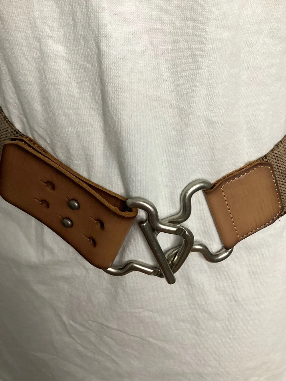 Fossil Brown Leather-Trim Canvas Belt with Sculpted Silver Hook L-XXL